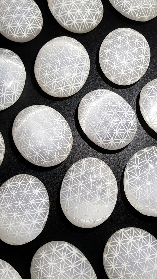 Selenite Crystal Palm Stone with the Flower of Life Engraving