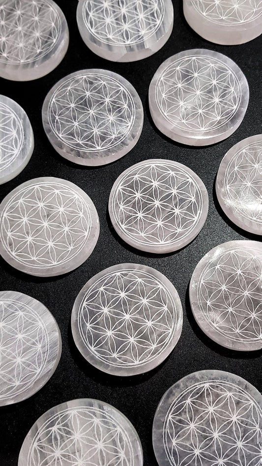 Selenite Crystal Disks with the Flower of Life Engraving